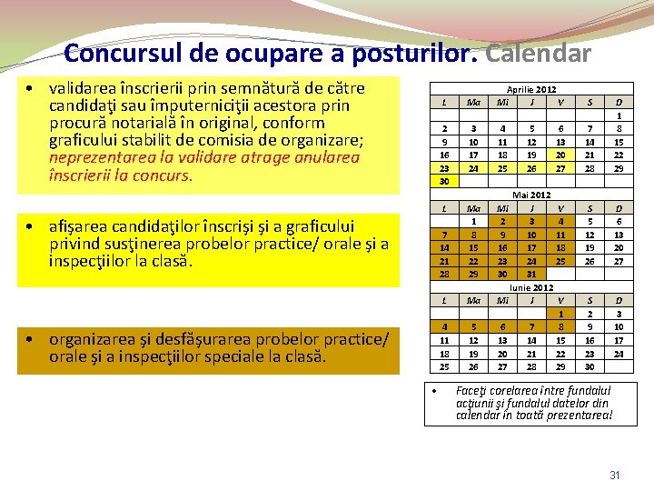 Concursul de ocupare a posturilor. Calendar • validarea înscrierii prin semnătură de către candidaţi