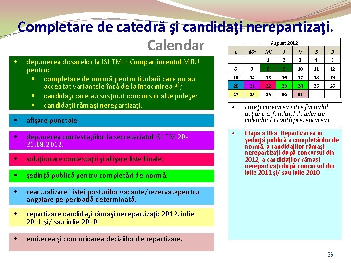 Completare de catedră şi candidaţi nerepartizaţi. Calendar August 2012 • depunerea dosarelor la ISJ