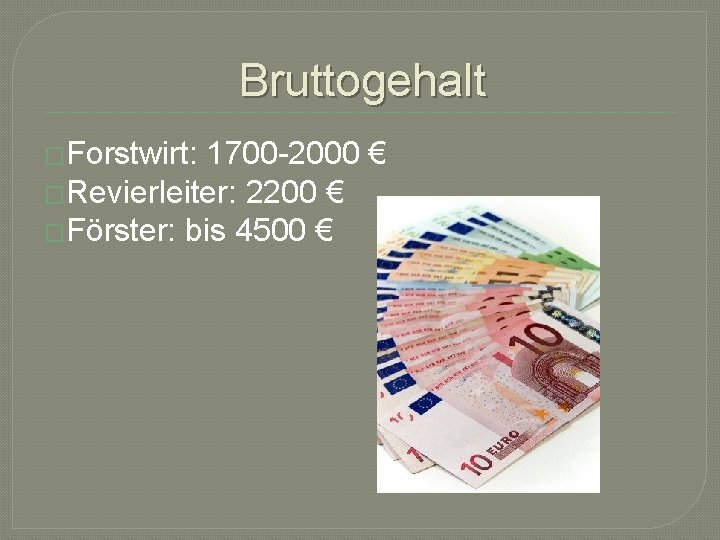 Bruttogehalt �Forstwirt: 1700 -2000 € �Revierleiter: 2200 € �Förster: bis 4500 € 