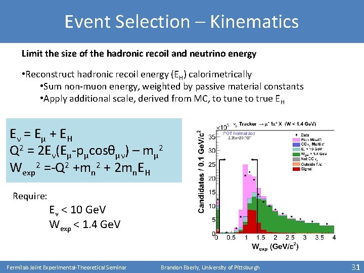 Event Selection – Kinematics Limit the size of the hadronic recoil and neutrino energy