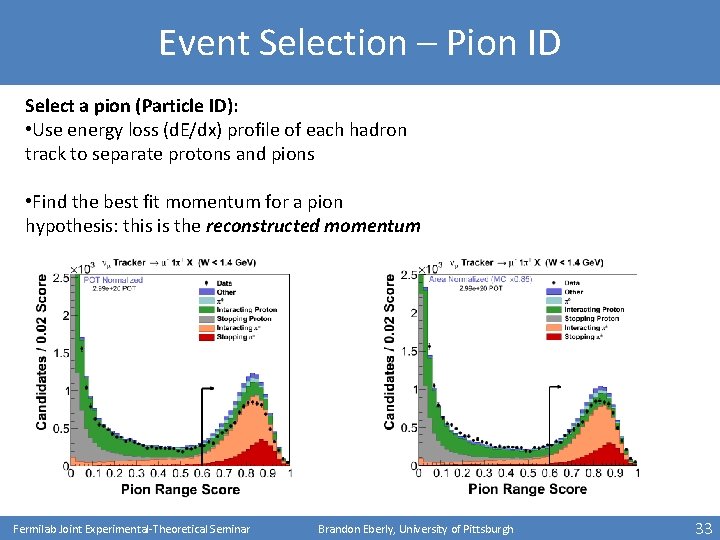Event Selection – Pion ID Select a pion (Particle ID): • Use energy loss