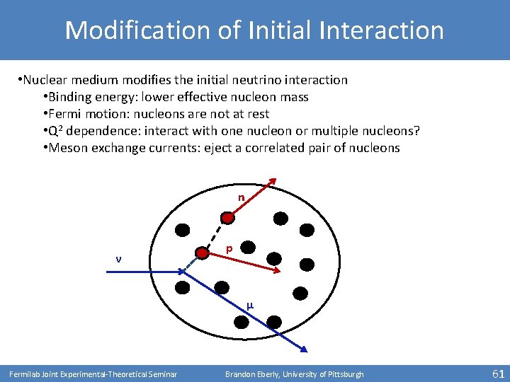 Modification of Initial Interaction • Nuclear medium modifies the initial neutrino interaction • Binding