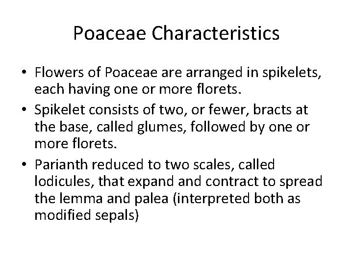 Poaceae Characteristics • Flowers of Poaceae arranged in spikelets, each having one or more