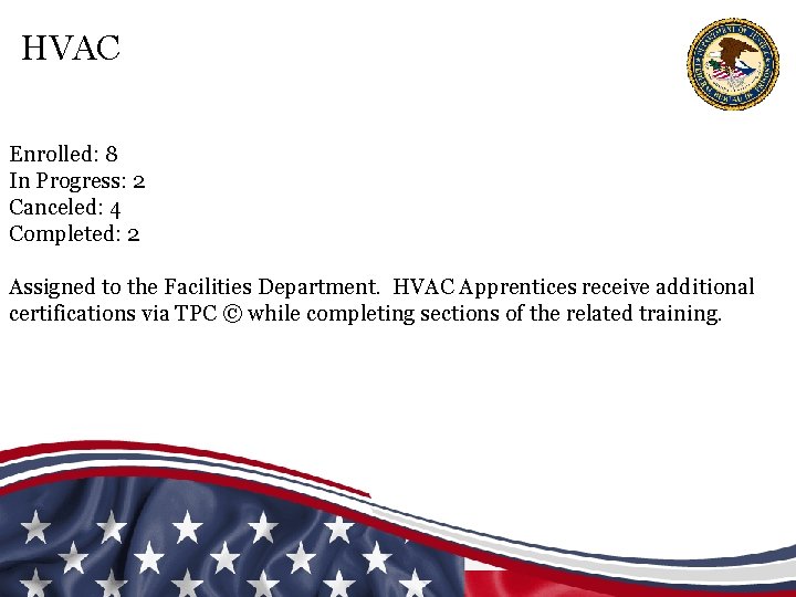 HVAC Enrolled: 8 In Progress: 2 Canceled: 4 Completed: 2 Assigned to the Facilities