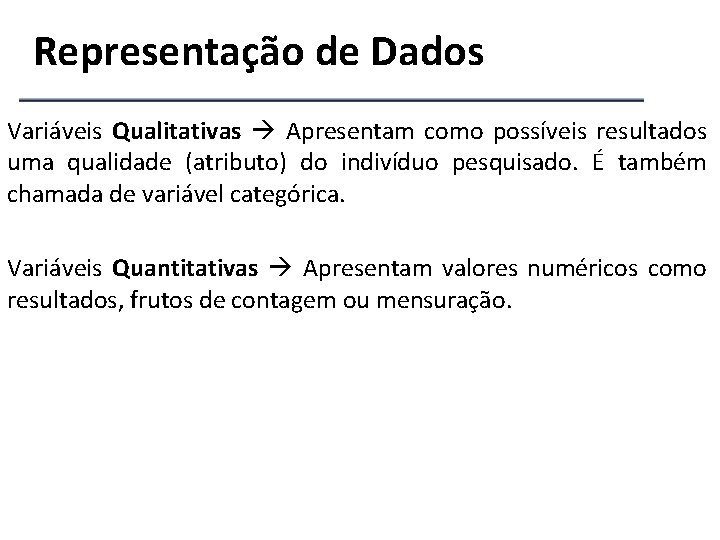 Representação de Dados Variáveis Qualitativas Apresentam como possíveis resultados uma qualidade (atributo) do indivíduo