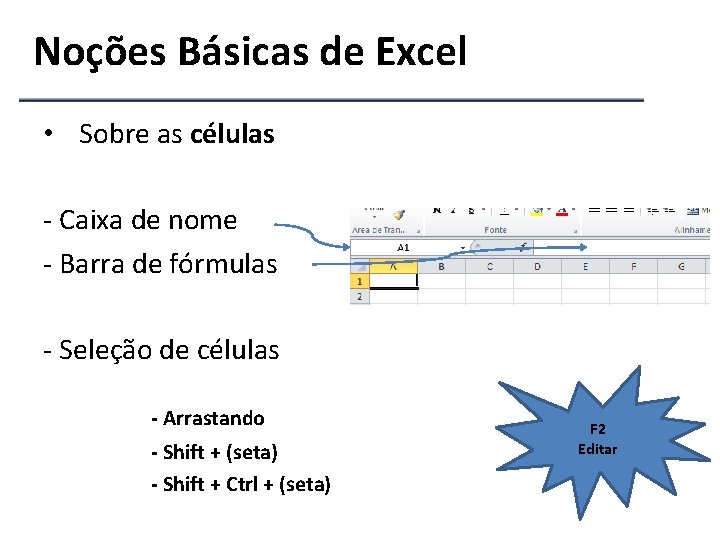 Noções Básicas de Excel • Sobre as células - Caixa de nome - Barra