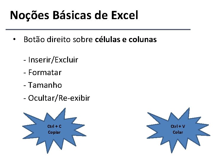 Noções Básicas de Excel • Botão direito sobre células e colunas - Inserir/Excluir -