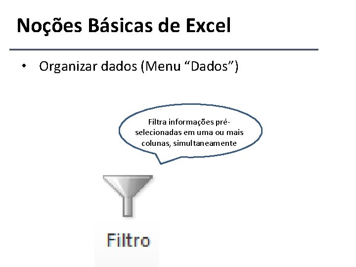 Noções Básicas de Excel • Organizar dados (Menu “Dados”) Filtra informações préselecionadas em uma