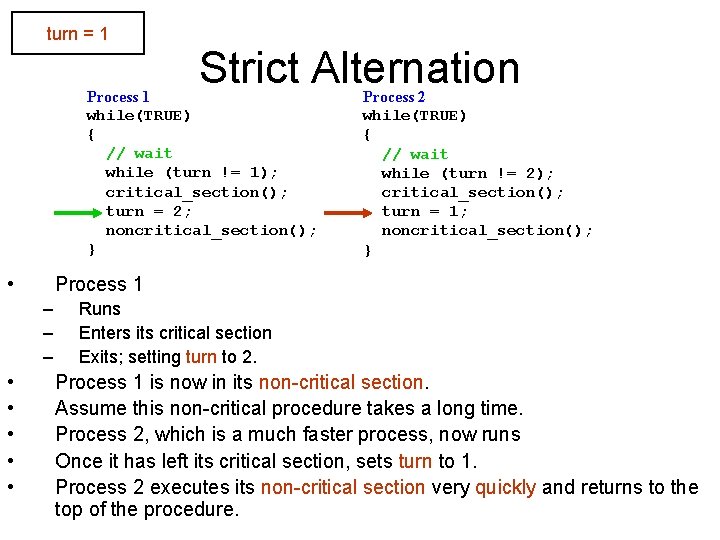 turn = 1 Strict Alternation Process 1 while(TRUE) { // wait while (turn !=