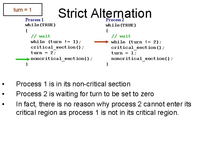 turn = 1 Strict Alternation Process 1 while(TRUE) { // wait while (turn !=