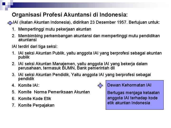 Organisasi Profesi Akuntansi di Indonesia: IAI (Ikatan Akuntan Indonesia), didirikan 23 Desember 1957. Bertujuan