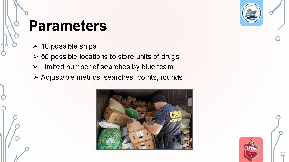 Parameters ➢ 10 possible ships ➢ 50 possible locations to store units of drugs