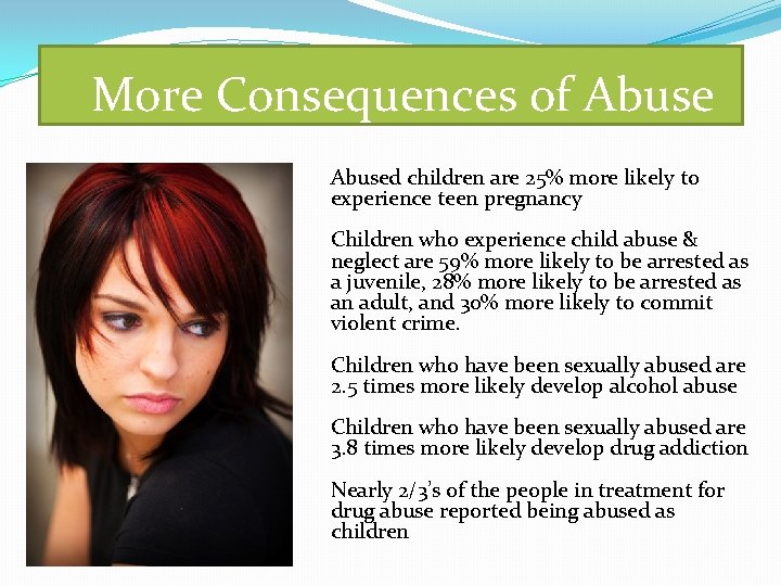  More Consequences of Abused children are 25% more likely to experience teen pregnancy