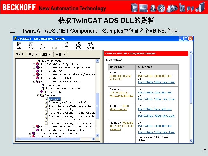 获取Twin. CAT ADS DLL的资料 三、 Twin. CAT ADS. NET Component ->Samples中包含多个VB. Net 例程。　　 14