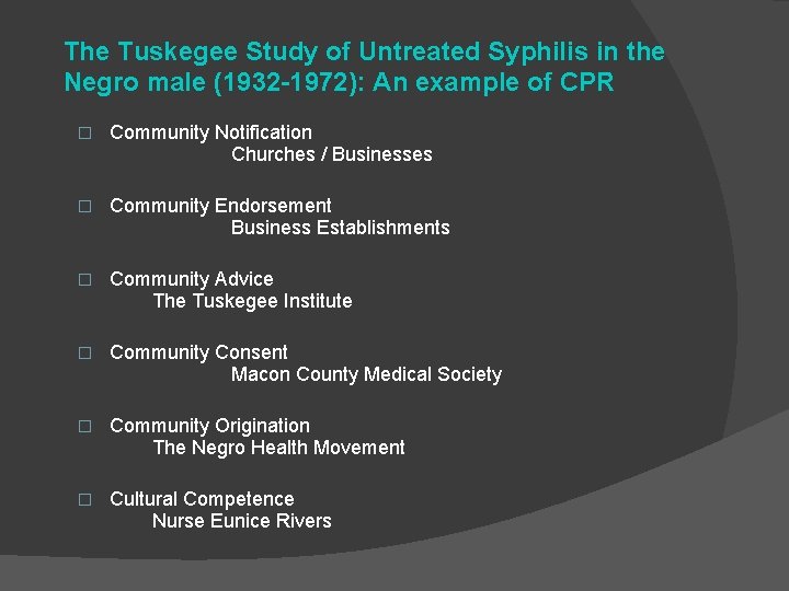 The Tuskegee Study of Untreated Syphilis in the Negro male (1932 -1972): An example