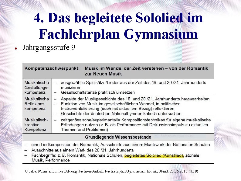 4. Das begleitete Sololied im Fachlehrplan Gymnasium Jahrgangsstufe 9 Quelle: Ministerium für Bildung Sachsen-Anhalt: