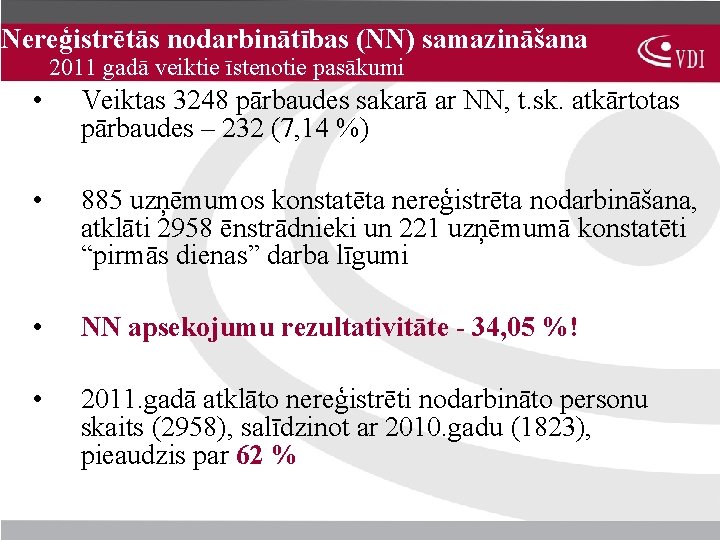 Nereģistrētās nodarbinātības (NN) samazināšana 2011 gadā veiktie īstenotie pasākumi • Veiktas 3248 pārbaudes sakarā