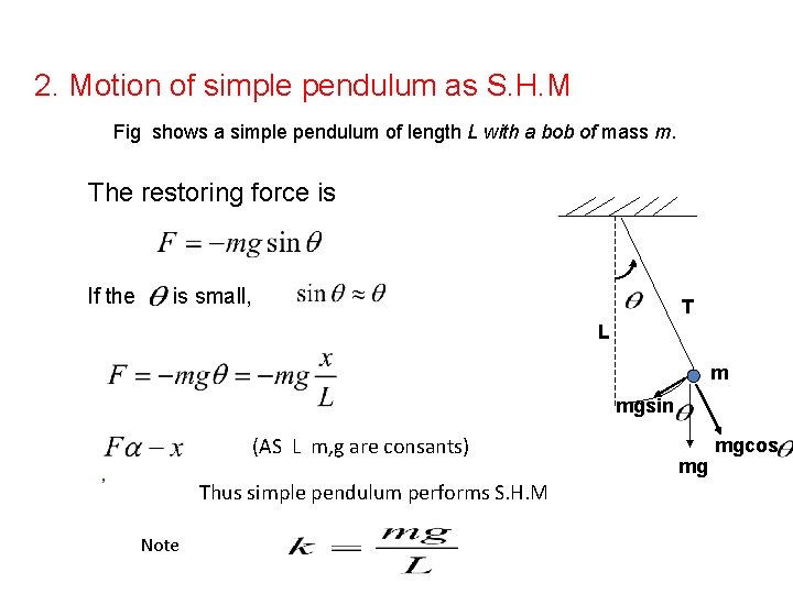 2. Motion of simple pendulum as S. H. M Fig shows a simple pendulum