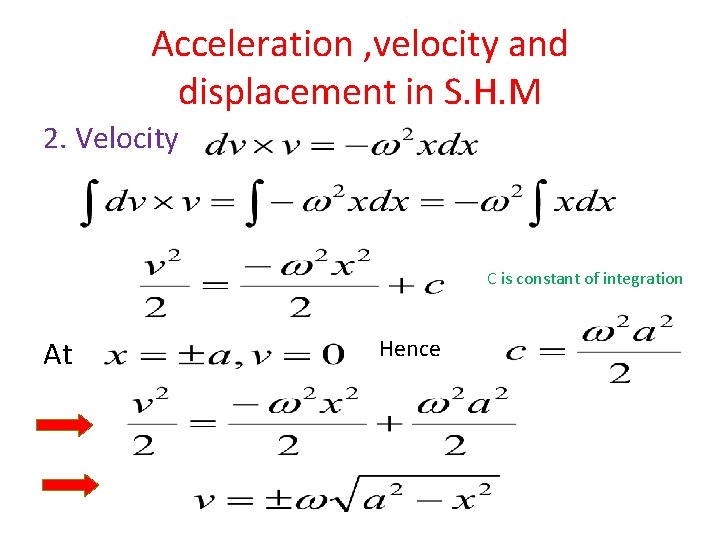 Acceleration , velocity and displacement in S. H. M 2. Velocity C is constant