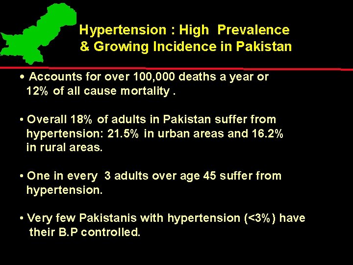 Hypertension : High Prevalence & Growing Incidence in Pakistan • Accounts for over 100,