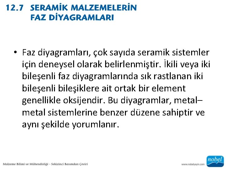  • Faz diyagramları, çok sayıda seramik sistemler için deneysel olarak belirlenmiştir. İkili veya