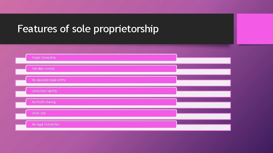 Features of sole proprietorship Single Ownership One Man control No separate legal entity Unlimited