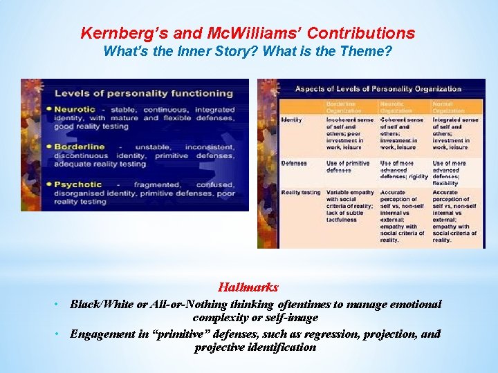Kernberg’s and Mc. Williams’ Contributions What’s the Inner Story? What is the Theme? Hallmarks