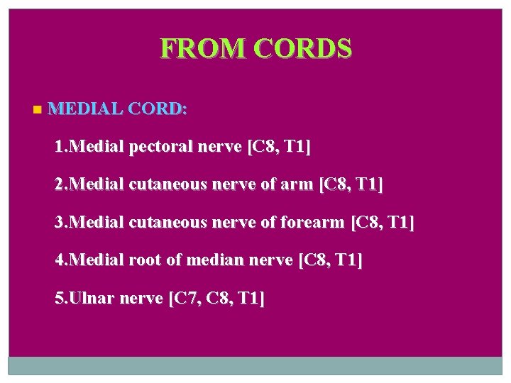 FROM CORDS MEDIAL CORD: 1. Medial pectoral nerve [C 8, T 1] 2. Medial