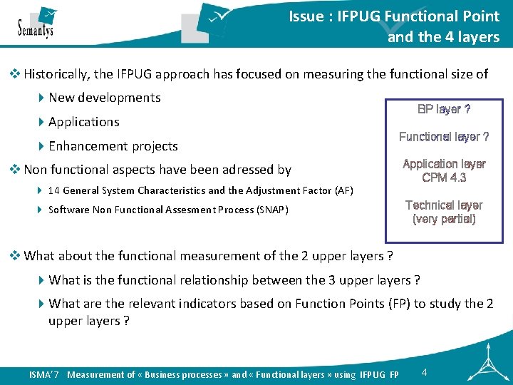 Issue : IFPUG Functional Point and the 4 layers v Historically, the IFPUG approach