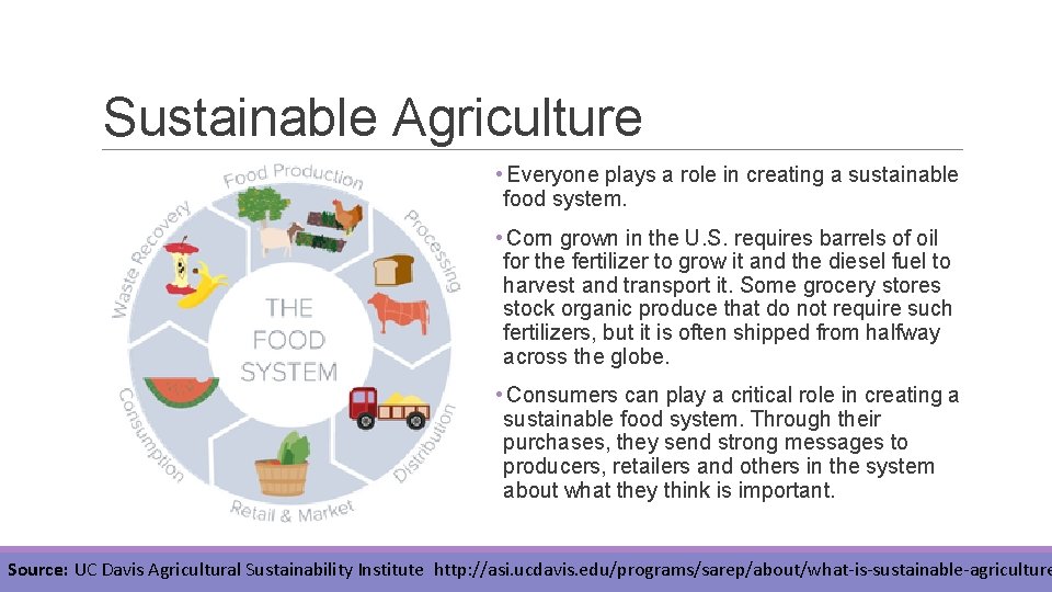 Sustainable Agriculture • Everyone plays a role in creating a sustainable food system. •