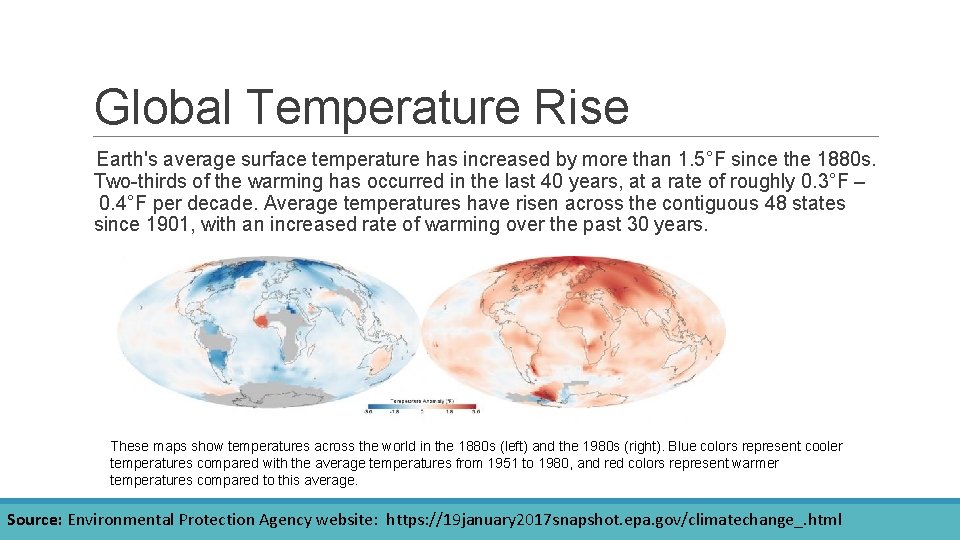 Global Temperature Rise Earth's average surface temperature has increased by more than 1. 5°F
