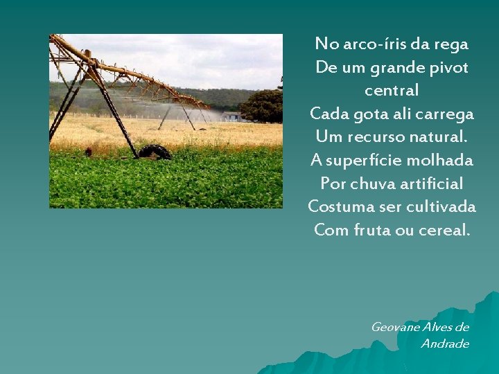 No arco-íris da rega De um grande pivot central Cada gota ali carrega Um