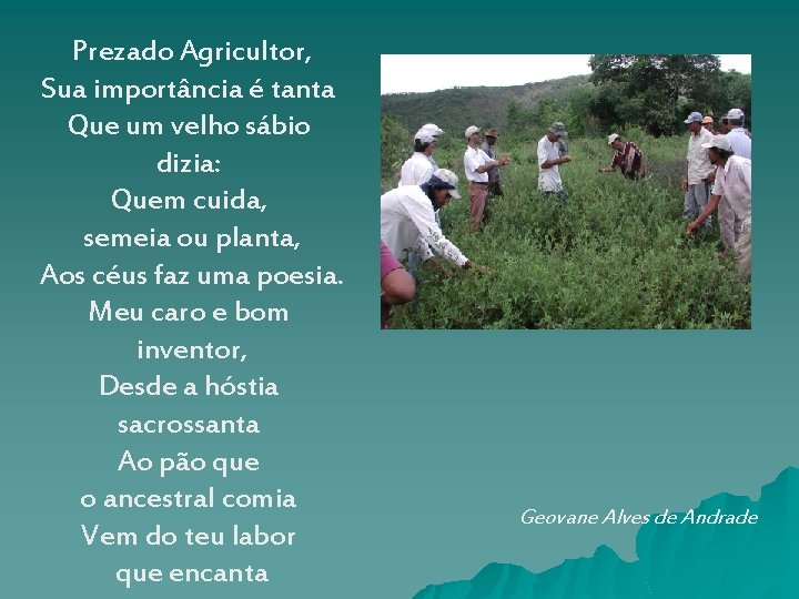 Prezado Agricultor, Sua importância é tanta Que um velho sábio dizia: Quem cuida, semeia