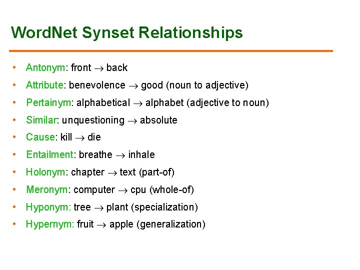 Word. Net Synset Relationships • Antonym: front back • Attribute: benevolence good (noun to Word. Net Synset Relationships • Antonym: front back • Attribute: benevolence good (noun to