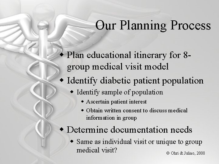 Our Planning Process w Plan educational itinerary for 8 group medical visit model w