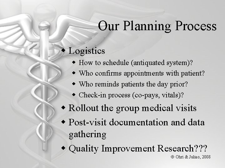 Our Planning Process w Logistics w w How to schedule (antiquated system)? Who confirms