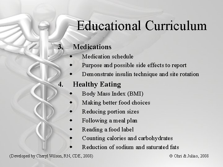 Educational Curriculum 3. Medications w w w 4. Medication schedule Purpose and possible side