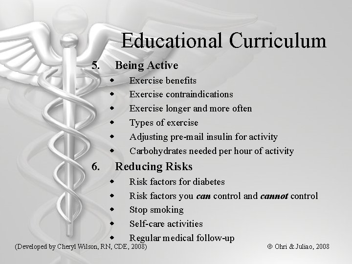 Educational Curriculum 5. Being Active w w w 6. Exercise benefits Exercise contraindications Exercise