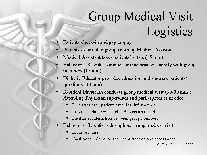 Group Medical Visit Logistics w w Patients check-in and pay co-pay Patients escorted to