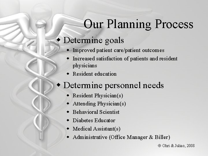 Our Planning Process w Determine goals w Improved patient care/patient outcomes w Increased satisfaction