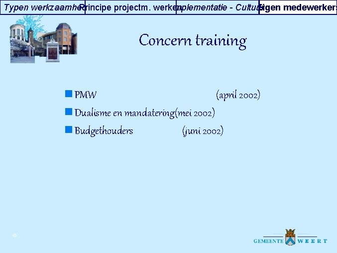 Typen werkzaamheden Principe projectm. werken Implementatie - Cultuur Eigen medewerkers Concern training n PMW