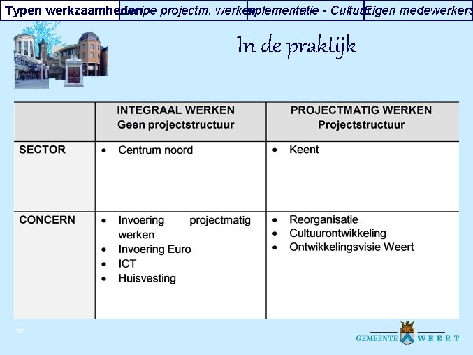 Typen werkzaamheden Principe projectm. werken Implementatie - Cultuur Eigen medewerkers In de praktijk ©