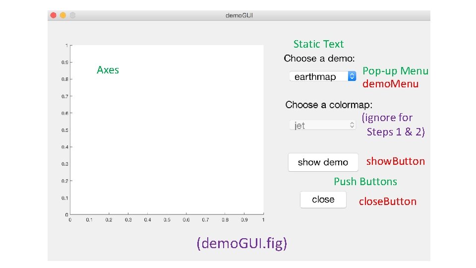 Static Text Axes Pop-up Menu demo. Menu (ignore for Steps 1 & 2) show.