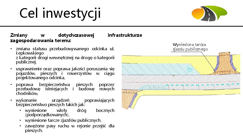 Cel inwestycji Zmiany w dotychczasowej zagospodarowania terenu: infrastrukturze • zmiana statusu przebudowywanego odcinka ul.