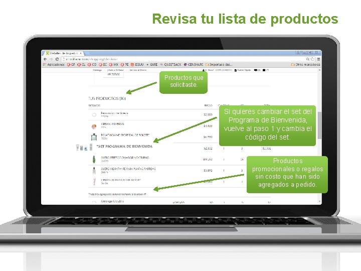 Revisa tu lista de productos Productos que solicitaste. Si quieres cambiar el set del