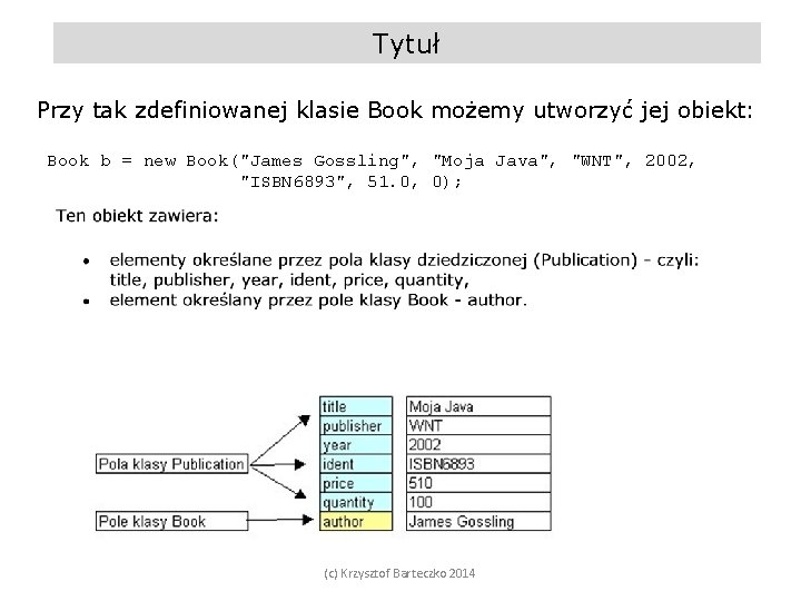 Tytuł Przy tak zdefiniowanej klasie Book możemy utworzyć jej obiekt: Book b = new