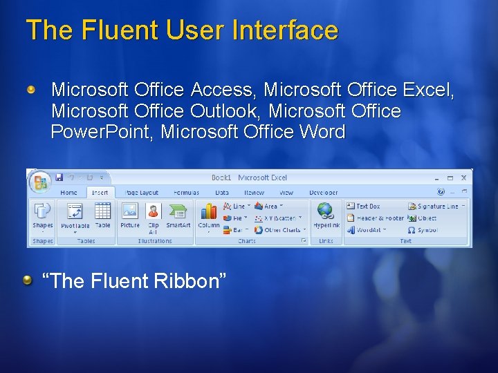 The Fluent User Interface Microsoft Office Access, Microsoft Office Excel, Microsoft Office Outlook, Microsoft The Fluent User Interface Microsoft Office Access, Microsoft Office Excel, Microsoft Office Outlook, Microsoft
