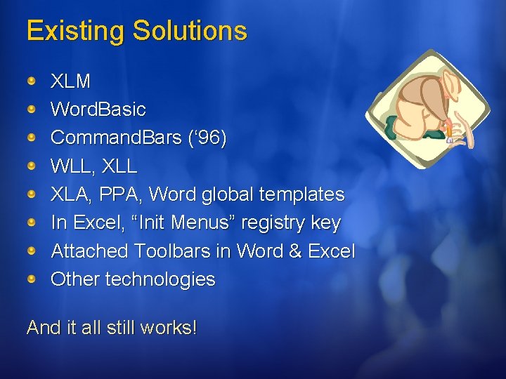 Existing Solutions XLM Word. Basic Command. Bars (‘ 96) WLL, XLL XLA, PPA, Word Existing Solutions XLM Word. Basic Command. Bars (‘ 96) WLL, XLL XLA, PPA, Word