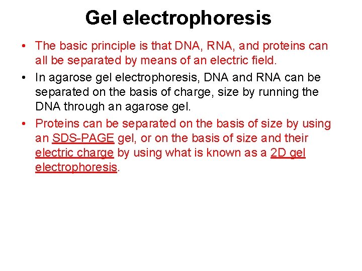 Gel electrophoresis • The basic principle is that DNA, RNA, and proteins can all