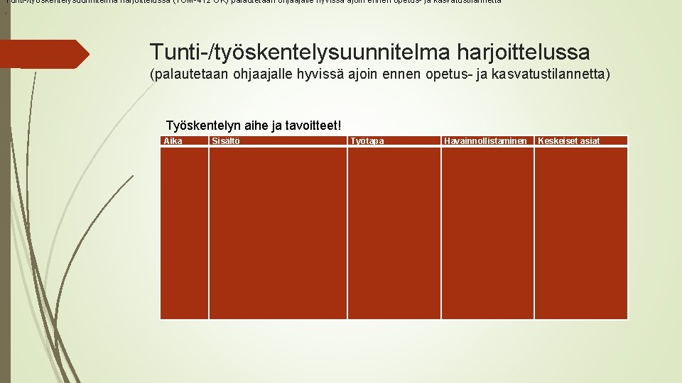 Tunti-/työskentelysuunnitelma harjoittelussa (TUM-412 OK) palautetaan ohjaajalle hyvissä ajoin ennen opetus- ja kasvatustilannetta. Tunti-/työskentelysuunnitelma harjoittelussa